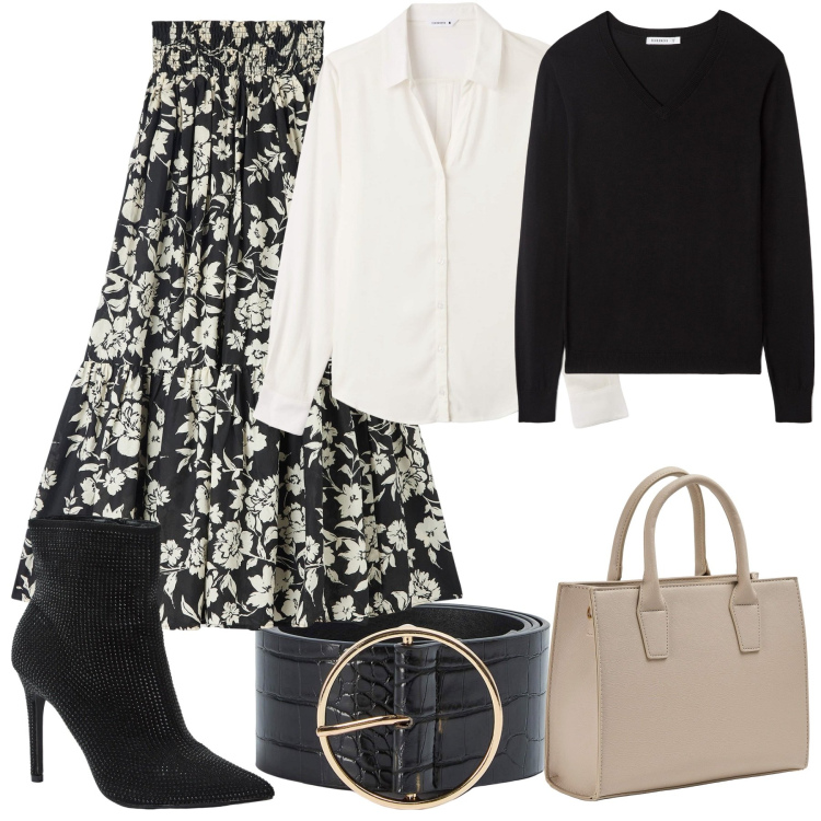 Outfit donna - Serata primaverile. Stile Chic per Serata fuori. Abbinamento con gonne lunghe, maglieria, shopping bag, cinture, stivaletti, camicie.