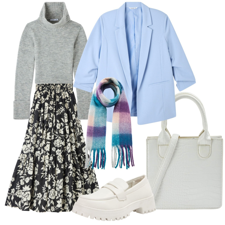 Outfit donna - L\'amica estrosa e i saldi Terranova. Stile Casual per Tutti i giorni. Abbinamento con gonne lunghe, mocassini, maglieria, blazer, shopping bag, sciarpe.