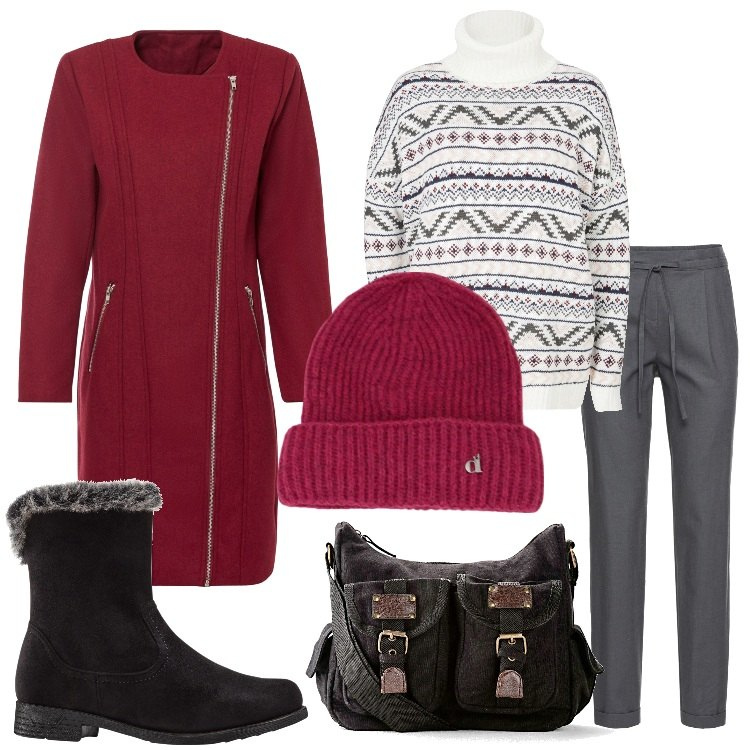 Outfit donna - Il cappottino porpora. Stile Basic per Tutti i giorni. Abbinamento con pantaloni, cappotti, stivali sopra il ginocchio, borse a tracolla, maglieria, berretti.