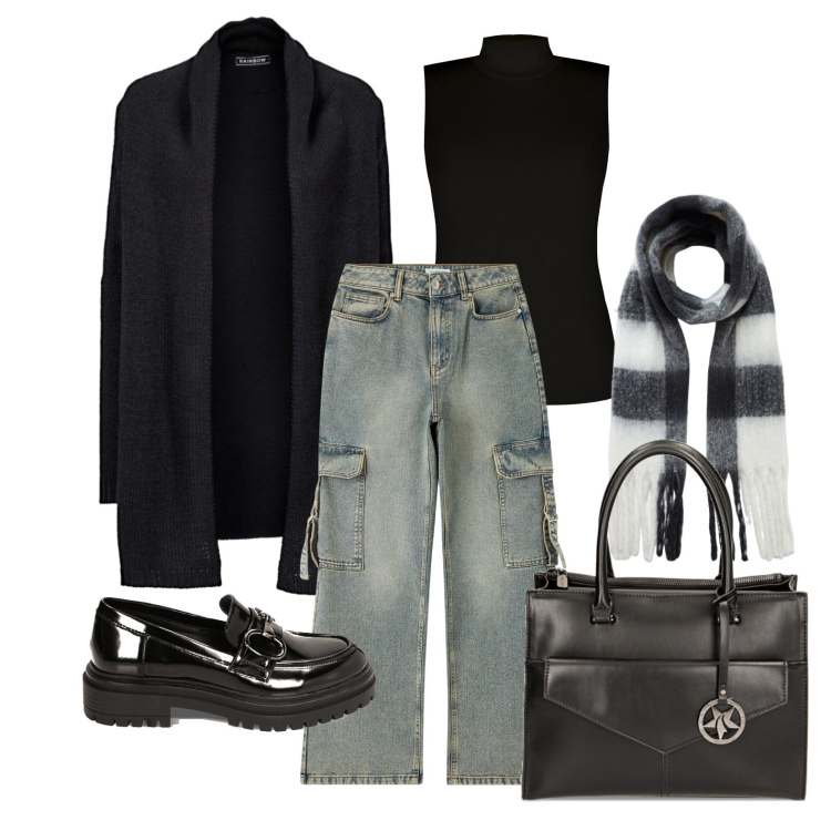 Outfit donna - Ghost outfitter - gennaio. Stile Trendy per Tutti i giorni. Abbinamento con cardigans, jeans, sciarpe, top, borse a mano, mocassini.