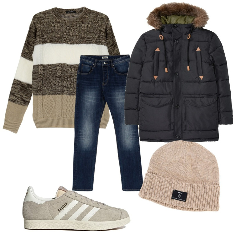 Outfit uomo - Passeggiata in un pomeriggio invernale. Stile Trendy per Tutti i giorni. Abbinamento con giacche, berretti, jeans dritti, maglieria, sneakers.