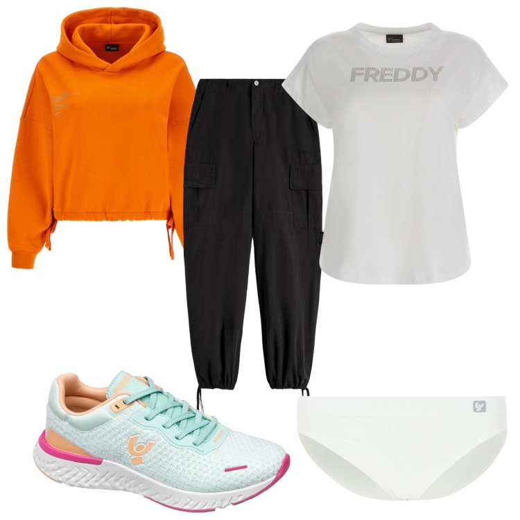 Outfit donna - Saldi sportivi con Freddy. Stile Trendy per Sport. Abbinamento con pantaloni cargo, culotte, t-shirt, sneakers, felpe con cappuccio.