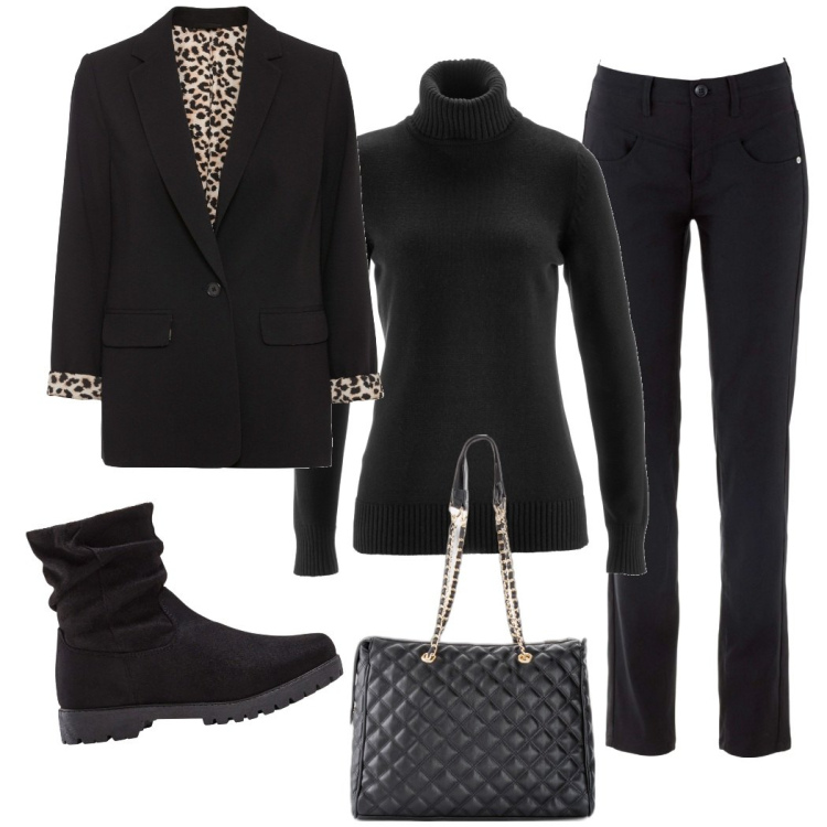 Outfit donna - NERO animalier. Stile Minimal per Tutti i giorni. Abbinamento con blazer, pantaloni, stivaletti, shopping bag, maglieria.