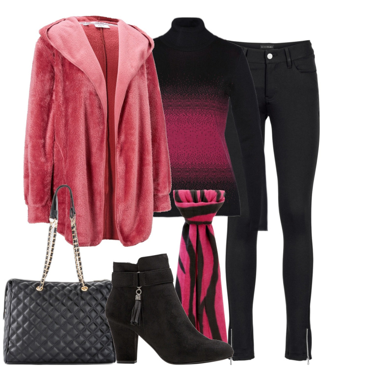 Outfit donna - City. Stile Casual chic per Tutti i giorni. Abbinamento con pantaloni, shopping bag, blazer, maglieria, stivaletti, sciarpe.
