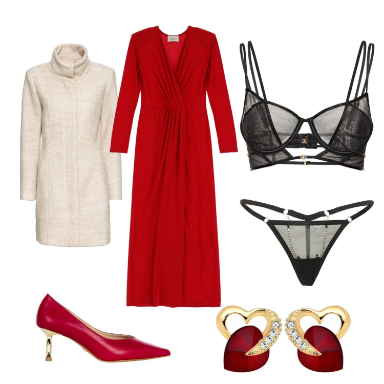 Outfit donna - Red passion. Stile Romantica per Serata fuori. Abbinamento con cappotti, décolleté, vestiti lunghi, orecchini, perizomi, bralette.