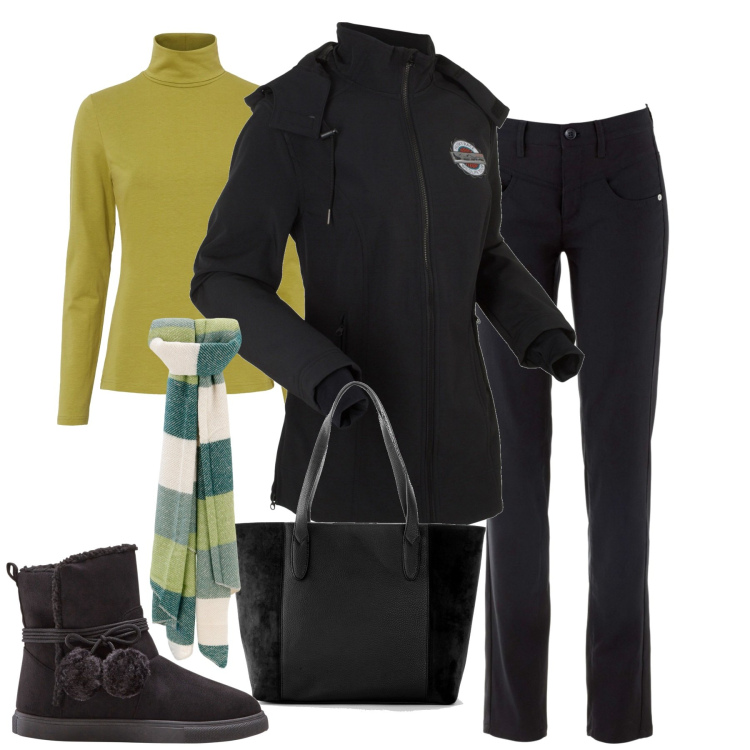Outfit donna - Giornate fredde. Stile Basic per Tutti i giorni. Abbinamento con maglieria, pantaloni, shopping bag, blazer, stivaletti, sciarpe.