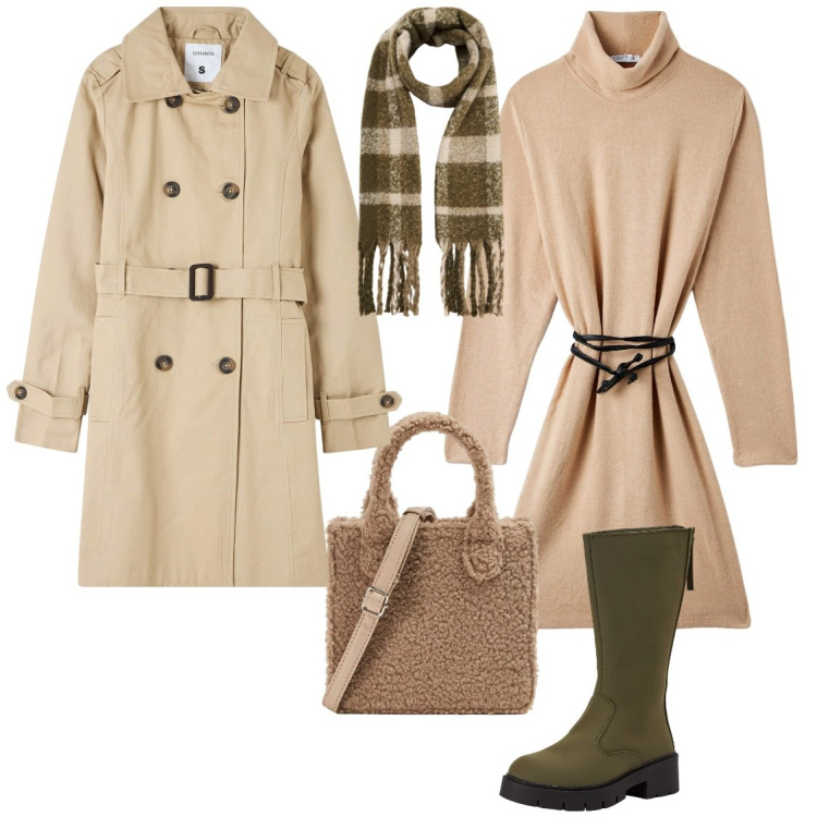 Outfit donna - Piove ️. Stile Casual chic per Ufficio. Abbinamento con trench, vestiti, stivaletti, shopping bag, sciarpe.