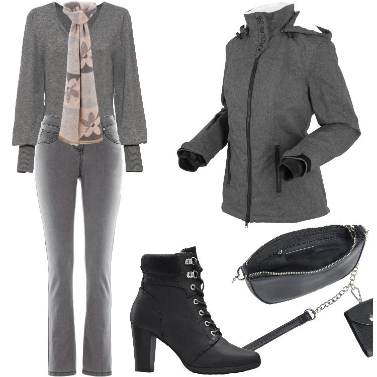 Outfit donna - Bonprix-Gennaio. Stile Sporty chic per Ufficio. Abbinamento con blazer, jeans dritti, stivaletti, maglieria, borse a tracolla, sciarpe.