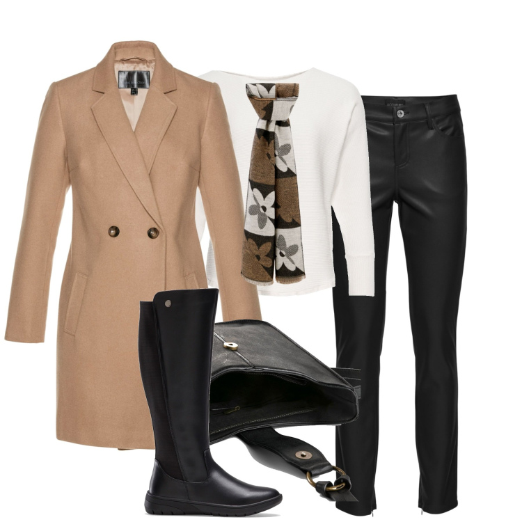 Outfit donna - In città. Stile Casual chic per Tutti i giorni. Abbinamento con maglieria, borse a tracolla, cappotti, pantaloni, stivali, sciarpe.