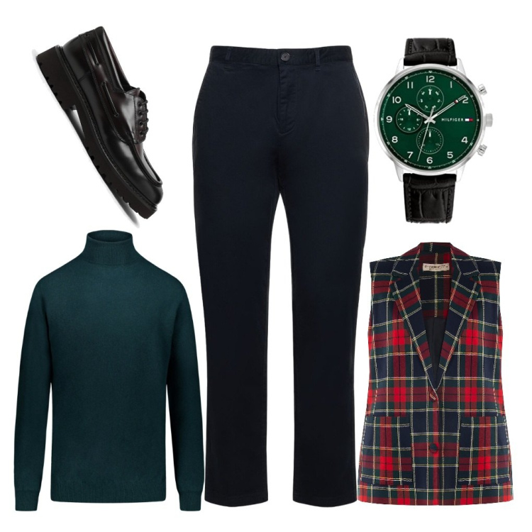 Outfit uomo - Che tipo!. Stile Trendy per Serata speciale. Abbinamento con gilet, maglieria, orologi analogici, pantaloni chino, scarpe stringate.