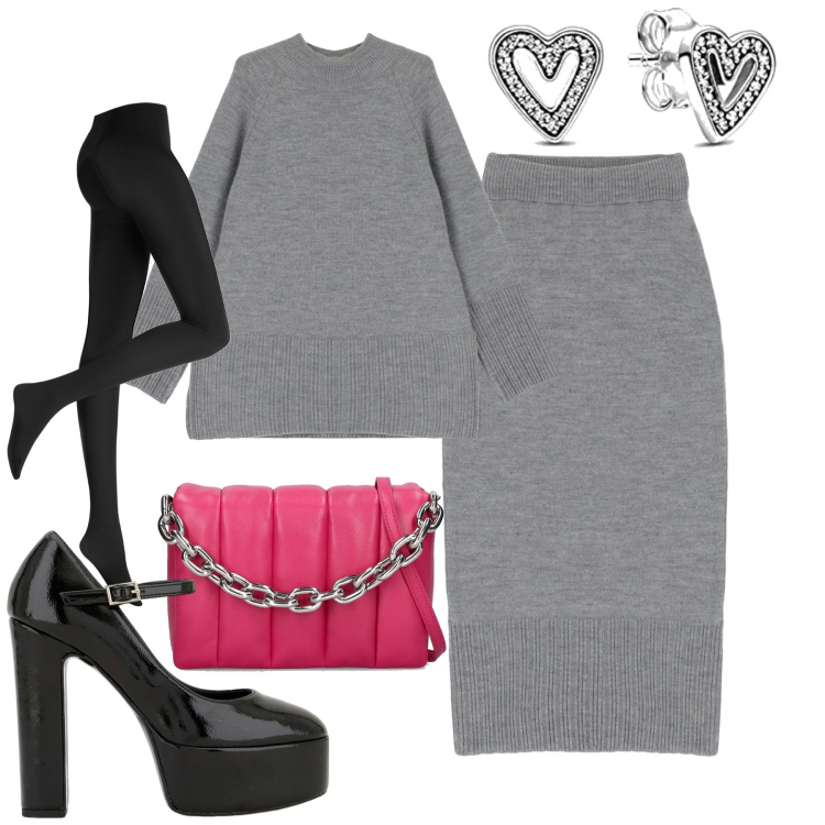 Outfit donna - Il set melange. Stile Trendy per Tutti i giorni. Abbinamento con collant, décolleté, gonne longuette, maglieria, borse a spalla, orecchini.