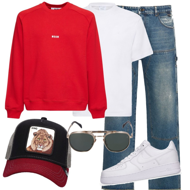 Outfit uomo - lion cap. Stile Casual per Tutti i giorni. Abbinamento con occhiali da sole, sneakers, felpe, t-shirt, jeans, cappelli con visiera.