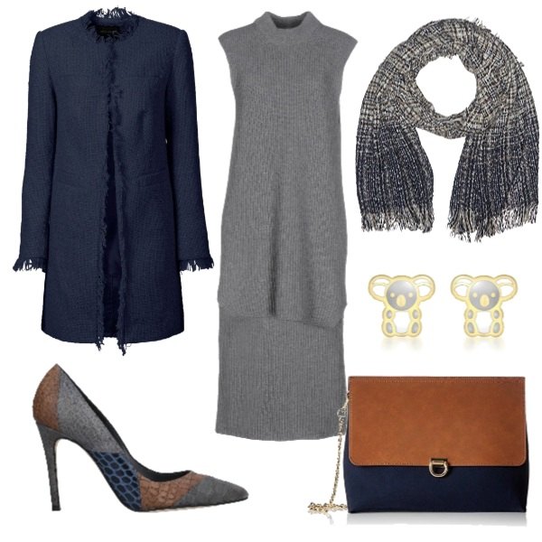 Outfit donna - Sophisticated lady. Stile Bon Ton per Ufficio. Abbinamento con blazer, vestito corto a coste lavorato a maglia collo tondo senza maniche tinta unita, décolleté con stampa a punta, orecchini a perno in oro giallo 9ct, borsa a spalla blu e navy, sciarpa taglia unica navy e blu.