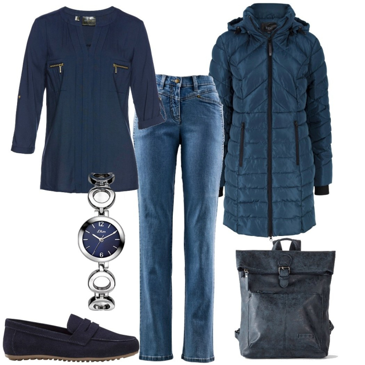 Outfit donna - Blu di giorno. Stile Casual chic per Tutti i giorni. Abbinamento con cappotti, mocassini, zaini, tuniche, pantaloni, orologi.