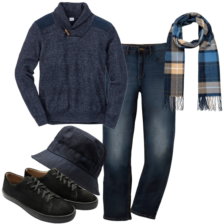 Outfit uomo - City. Stile Casual per Tutti i giorni. Abbinamento con jeans dritti, maglieria, sciarpe, sneakers, cappelli.