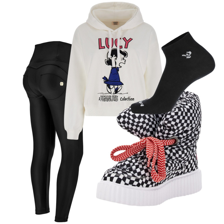 Outfit donna - Un po\' di spirito. Stile Sporty chic per Tutti i giorni. Abbinamento con calzini, stivali, felpe con cappuccio, pantaloni skinny.
