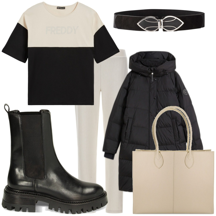 Outfit donna - Maglietta termica. Stile Sporty chic per Tutti i giorni. Abbinamento con cinture, piumini, stivaletti chelsea, borse a spalla, t-shirt, pantaloni.