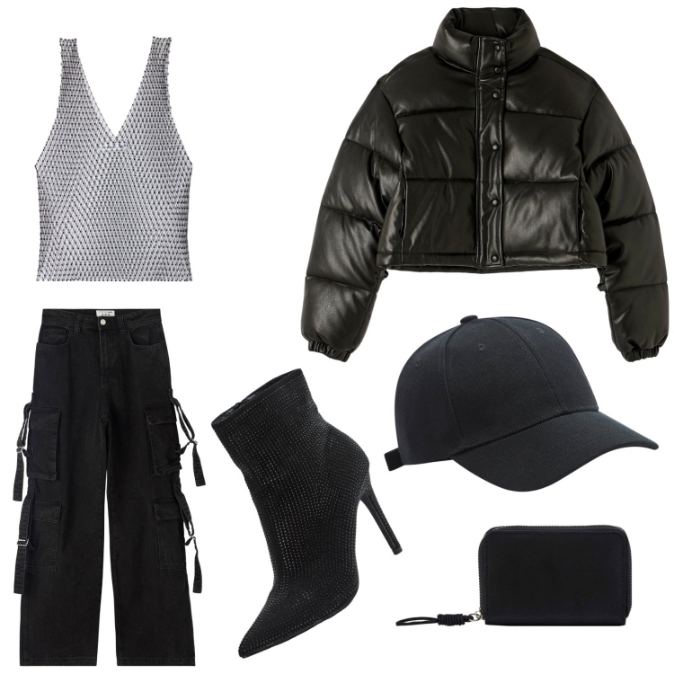 Outfit donna - Urban. Stile Urban per Serata fuori. Abbinamento con cappelli, top, jeans, portafogli, piumini, stivaletti.