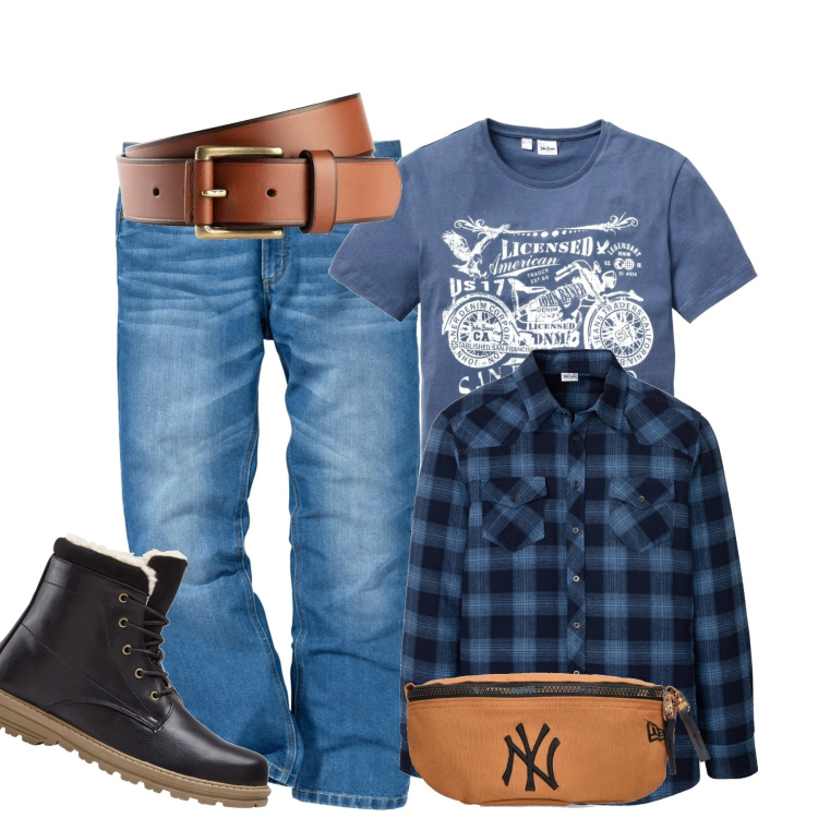 Outfit uomo - Al pub. Stile Casual per Serata speciale. Abbinamento con jeans dritti, stivali e stivaletti, camicie, t-shirt, cinture, borse sportive.