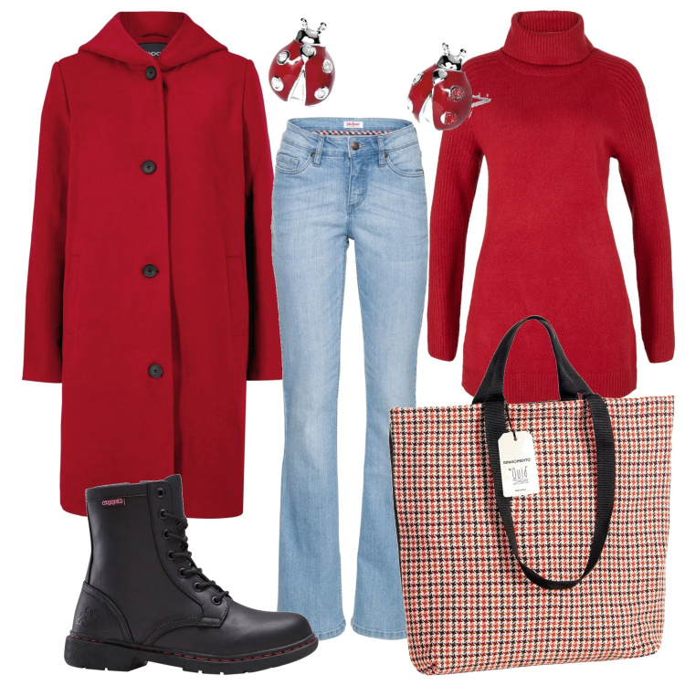 Outfit donna - In rosso. Stile Casual per Tutti i giorni. Abbinamento con jeans bootcut, cappotti, maglieria, stivaletti, orecchini, borse tote.