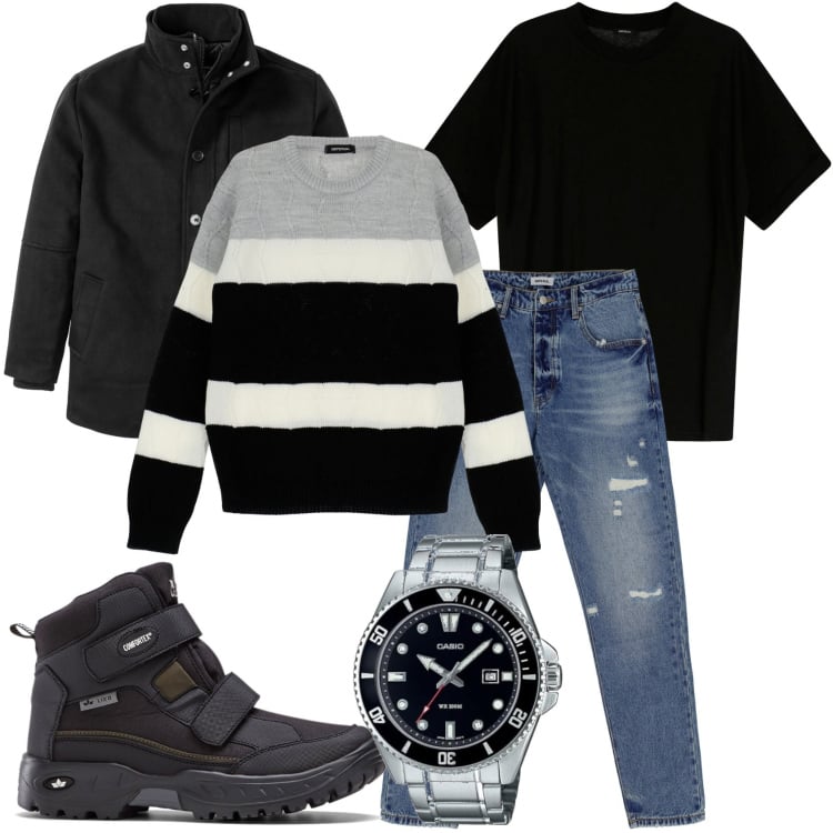 Outfit uomo - A righe e jeans. Stile Urban per Tutti i giorni. Abbinamento con stivali e stivaletti, giacche, jeans dritti, pullovers, t-shirt, orologi.