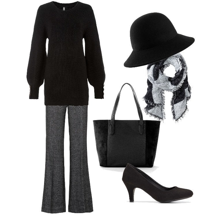 Outfit donna - Total look #1792324. Stile Casual chic per Ufficio. Abbinamento con maglieria, pantaloni a palazzo, décolleté, shopping bag, sciarpe, cappelli.