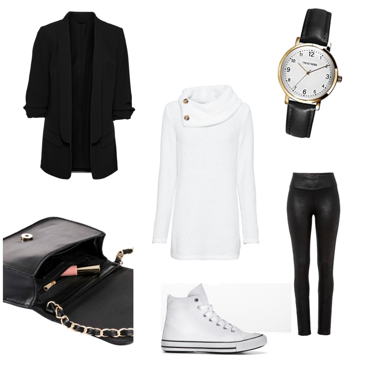 Outfit donna - Black and White. Stile Casual chic per Tutti i giorni. Abbinamento con blazer, borse a tracolla, maglieria, leggings, sneakers alte, orologi analogici.