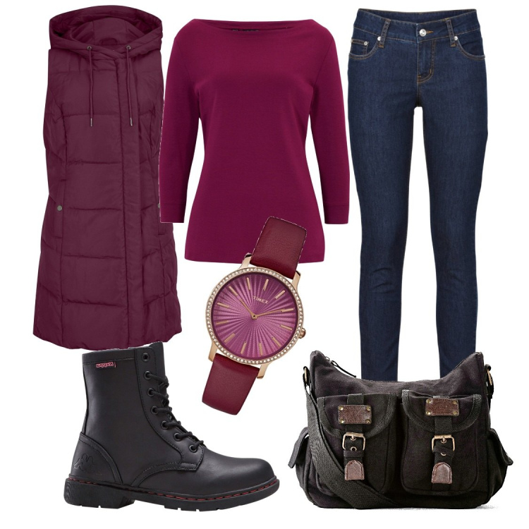 Outfit donna - Vivere la città. Stile Casual per Tutti i giorni. Abbinamento con maglieria, jeans skinny, gilet, stivaletti, borse a tracolla, orologi analogici.