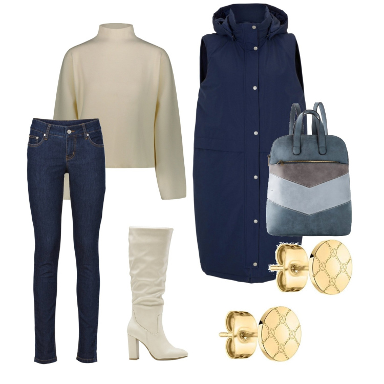 Outfit donna - Look giorno. Stile Casual chic per Scuola/Università. Abbinamento con jeans skinny, zaini, piumini, stivali sopra il ginocchio, maglieria, orecchini.