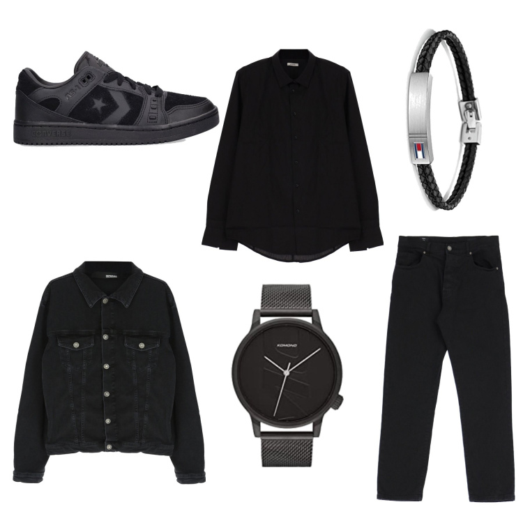 Outfit uomo - Easy Black. Stile Casual per Tutti i giorni. Abbinamento con camicie, cappotti, pantaloni, orologi, braccialetti, sneakers alte.