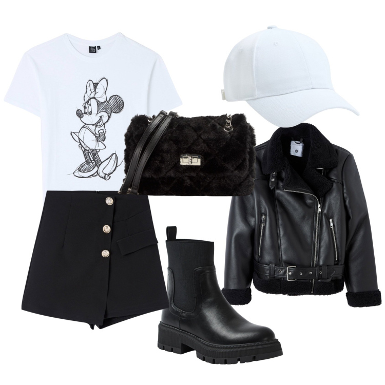 Outfit donna - B&W. Stile Casual chic per Tutti i giorni. Abbinamento con cappelli, ecopellicce, gonne, t-shirt, stivali sopra il ginocchio, borse a spalla.
