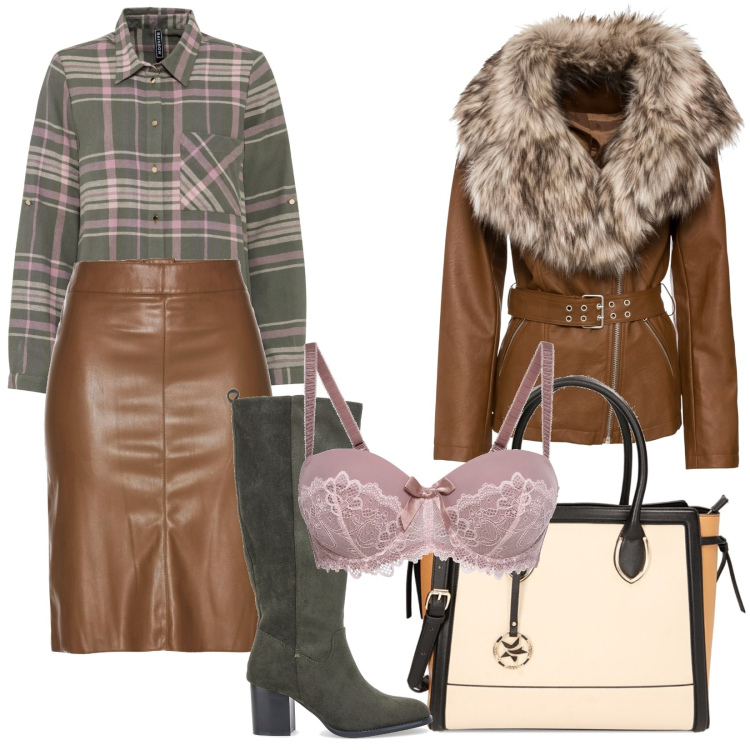 Outfit donna - Marrone e salvia. Stile Casual per Ufficio. Abbinamento con gonne longuette, blazer, reggiseni a balconcino, camicie, borse a mano, stivali sopra il ginocchio.