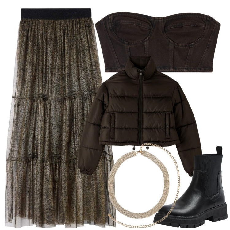 Outfit donna - Total look #1792395. Stile Military per Serata fuori. Abbinamento con top, gonne, collane, piumini, stivali sopra il ginocchio.