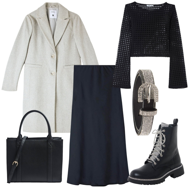 Outfit donna - Trendy, gonna midi e anfibi glam. Stile Trendy per Serata fuori. Abbinamento con maglieria, gonne lunghe, cappotti, cinture, anfibi, shopping bag.