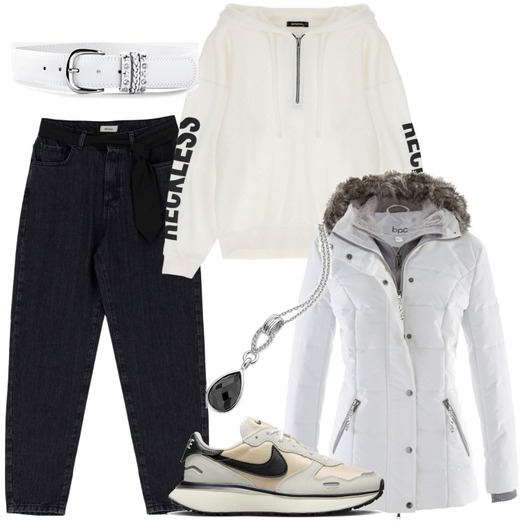 Outfit donna - Total look #1792419. Stile Casual per Tutti i giorni. Abbinamento con piumini, cinture, felpe con cappuccio, jeans dritti, sneakers, collane.