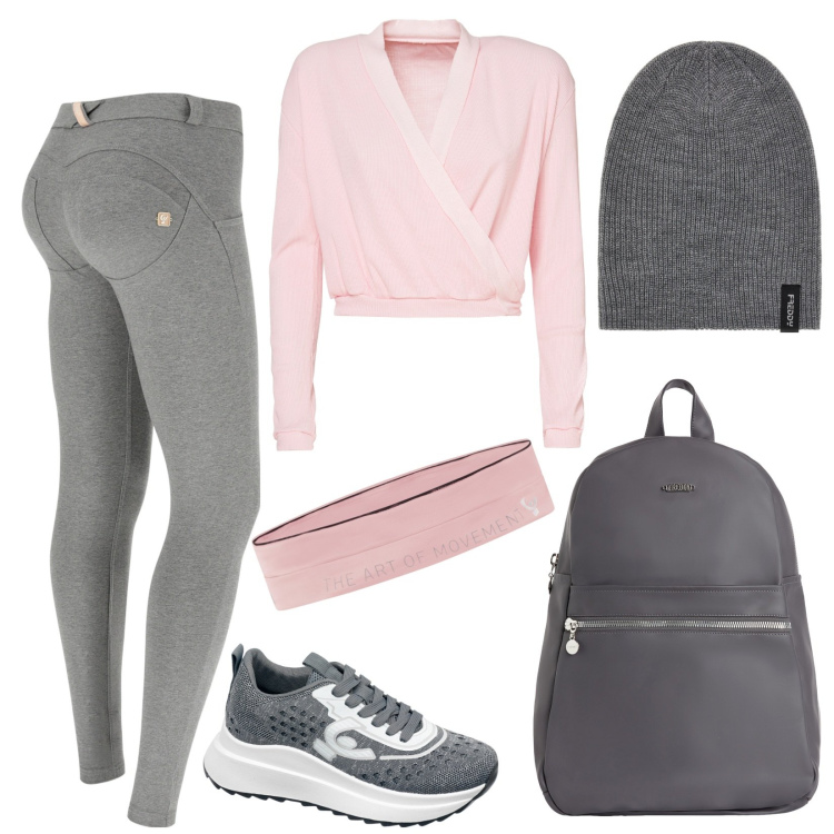 Outfit donna - In palestra in grigio e rosa. Stile Sporty chic per Sport. Abbinamento con pantaloni skinny, top, marsupi, sneakers, zaini, berretti.