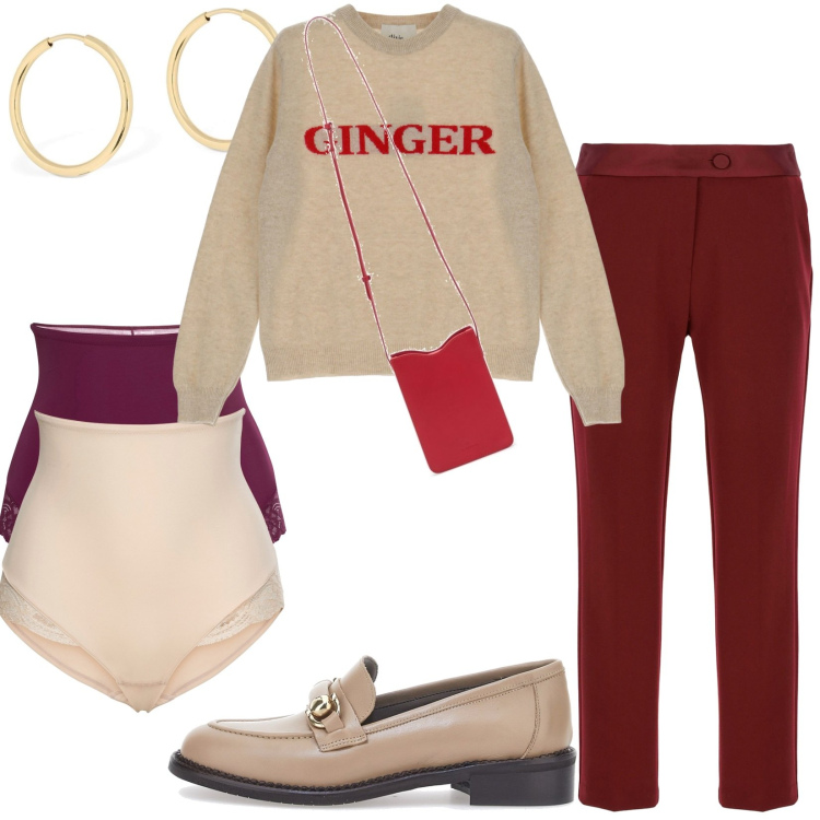 Outfit donna - Total look #1792427. Stile Casual per Ufficio. Abbinamento con culotte, pantaloni, pullovers, orecchini, mocassini, borse a tracolla.