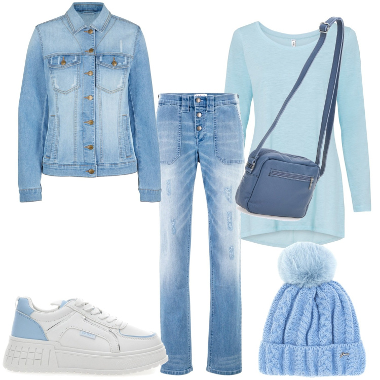 Outfit donna - Total look #1792431. Stile Basic per Tutti i giorni. Abbinamento con jeans boyfriend, blazer, maglieria, sneakers, berretti, borse a tracolla.