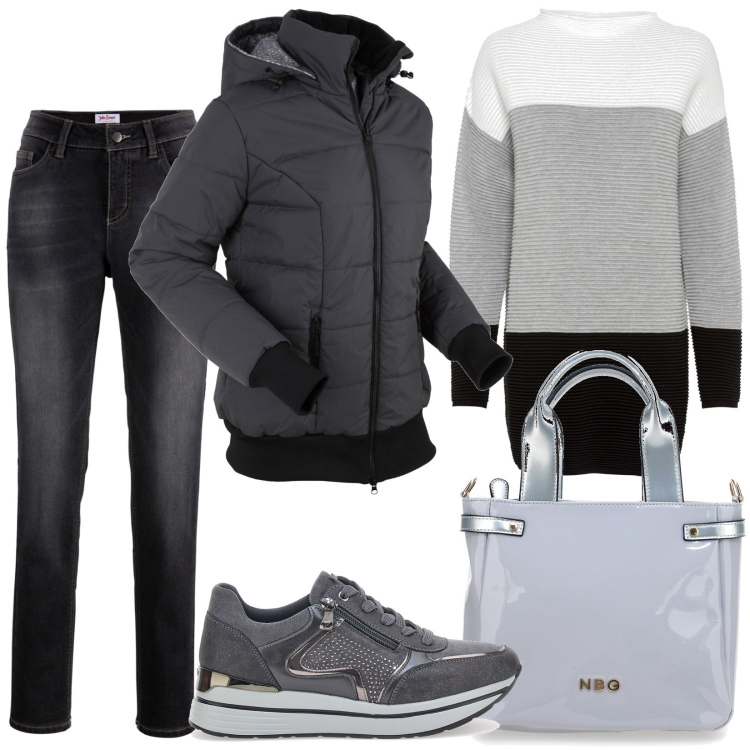 Outfit donna - Total look #1792432. Stile Casual per Tutti i giorni. Abbinamento con maglieria, cappotti, jeans boyfriend, sneakers, borse a mano.