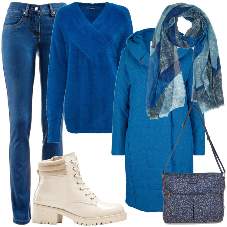 Outfit donna - Total look #1792433. Stile Casual per Tutti i giorni. Abbinamento con jeans dritti, maglieria, cappotti, stivaletti, borse a tracolla, sciarpe.