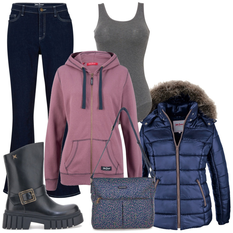 Outfit donna - Total look #1792465. Stile Casual per Tutti i giorni. Abbinamento con piumini, jeans, felpe con cappuccio, body, stivaletti, borse a tracolla.