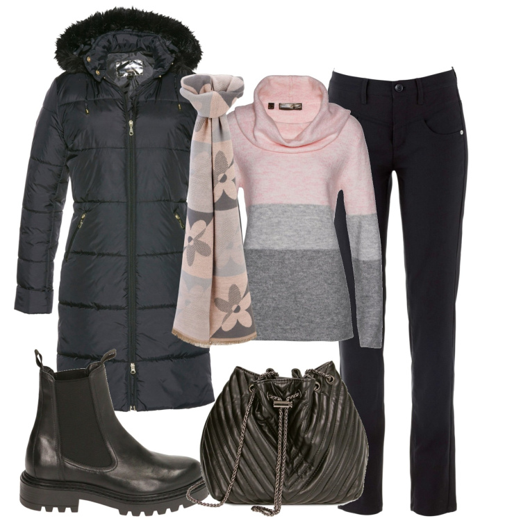 Outfit donna - City. Stile Basic per Tutti i giorni. Abbinamento con maglieria, pantaloni, cappotti, sciarpe, borse a secchiello, stivaletti chelsea.