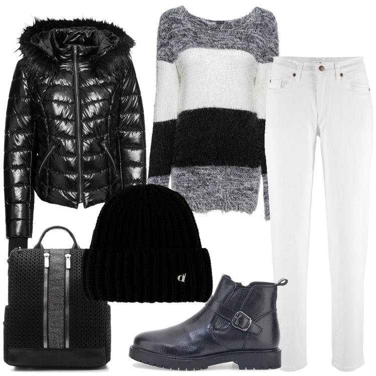 Outfit donna - Total look #1792469. Stile Basic per Tutti i giorni. Abbinamento con jeans mom, maglieria, cappotti, zaini, berretti, stivaletti.