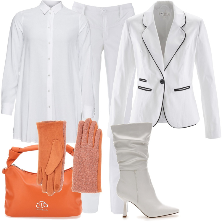Outfit donna - Total look #1792473. Stile Casual chic per Tutti i giorni. Abbinamento con camicie, pantaloni, blazer, stivali sopra il ginocchio, borse a mano, guanti.