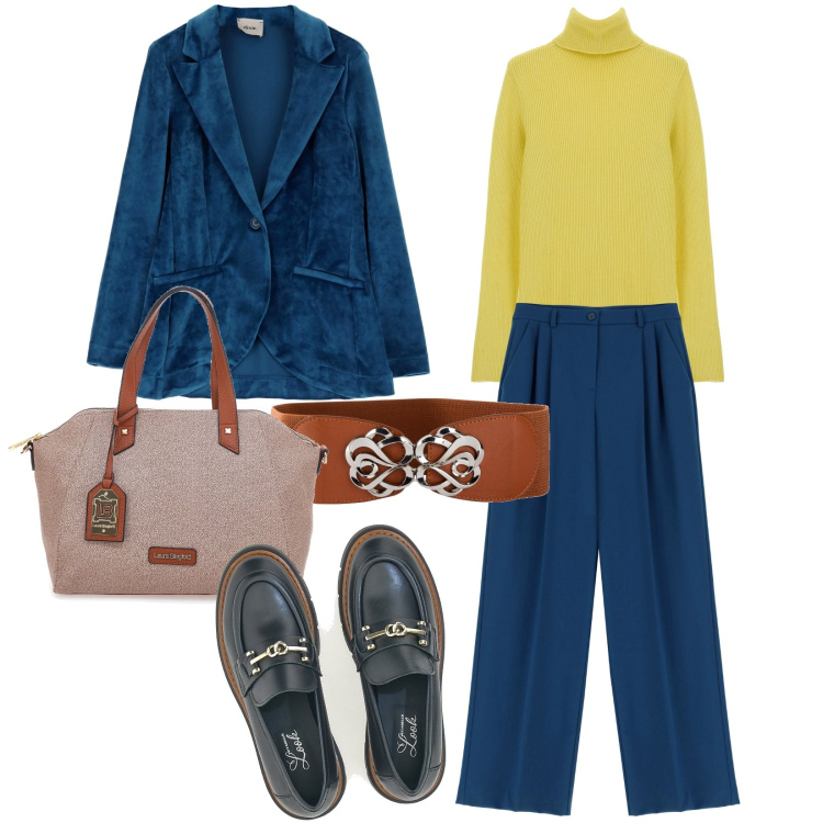 Outfit donna - Velluto. Stile Casual per Ufficio. Abbinamento con cinture, pantaloni a palazzo, cappotti, maglieria, borse a mano, mocassini.
