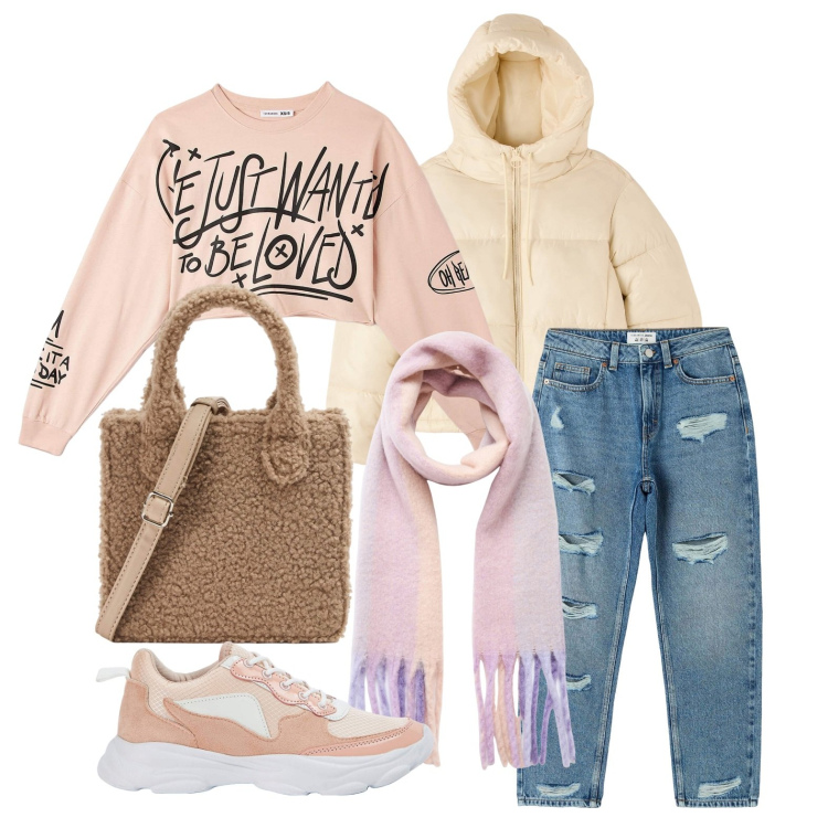 Outfit donna - Ghost outfitter - gennaio. Stile Casual per Tutti i giorni. Abbinamento con jeans mom, piumini, sciarpe, sneakers, t-shirt, shopping bag.