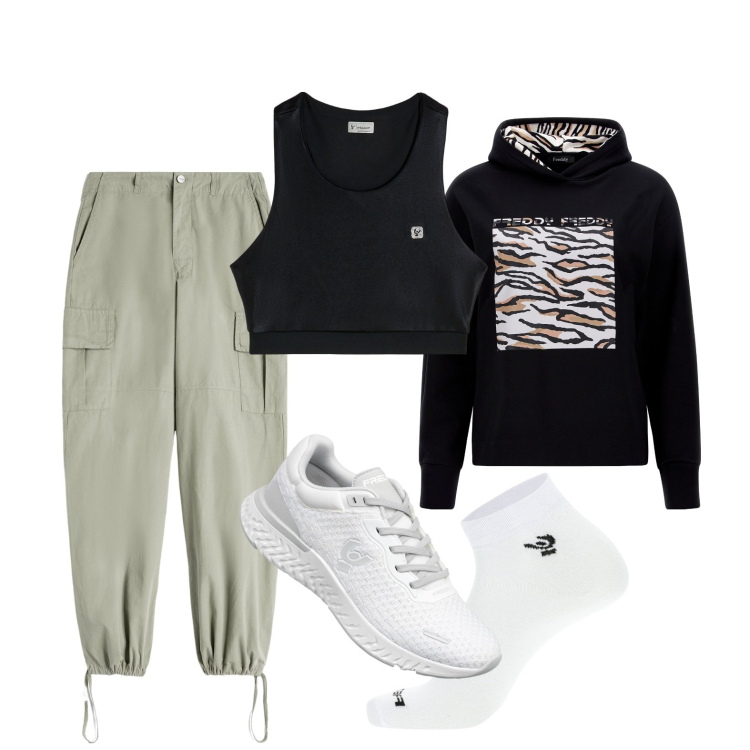 Outfit donna - Ghost outfitter - gennaio. Stile Sporty chic per Sport. Abbinamento con pantaloni cargo, top, calzini, felpe con cappuccio, sneakers.
