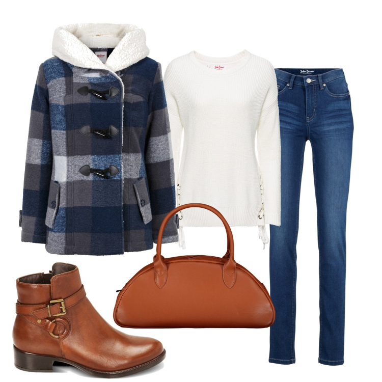 Outfit donna - City. Stile Basic per Tutti i giorni. Abbinamento con jeans slim fit, blazer, maglieria, stivaletti chelsea, borse a spalla.