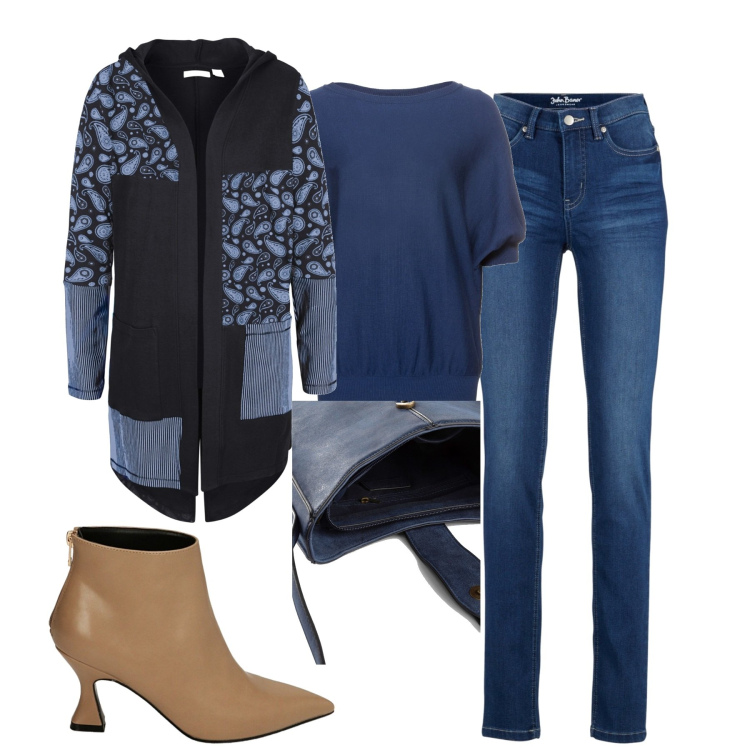 Outfit donna - Daily. Stile Basic per Tutti i giorni. Abbinamento con maglieria, jeans slim fit, cardigans, borse a tracolla, stivaletti.