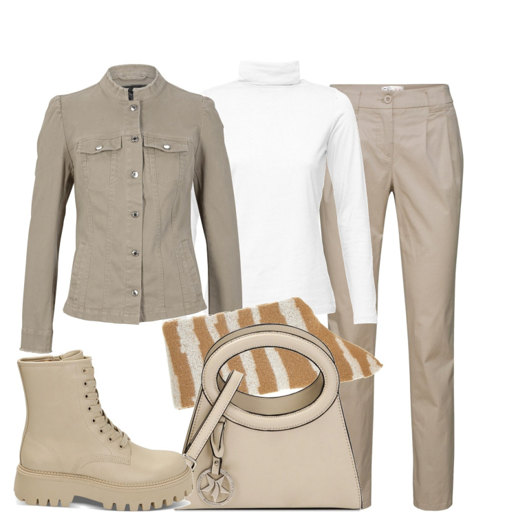 Outfit donna - City. Stile Casual chic per Tutti i giorni. Abbinamento con pantaloni chino, maglieria, blazer, borse a spalla, anfibi, sciarpe.